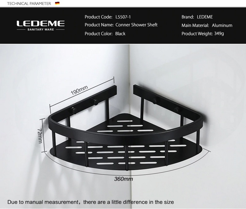 Полка угловая черная для принадлежностей Ledeme L5507-1 - фото3